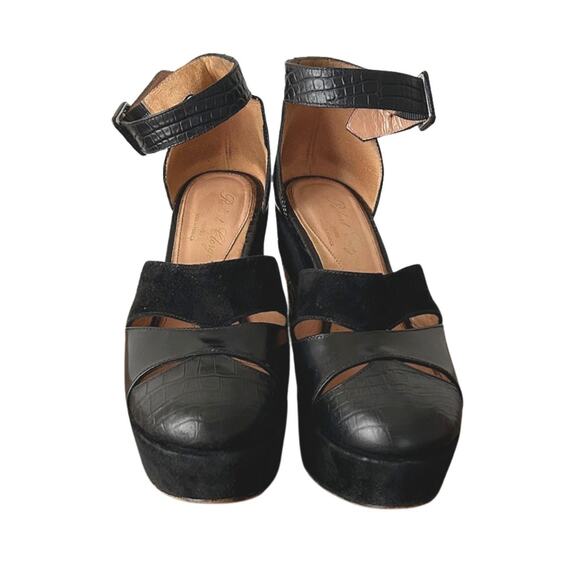Y2K Robert Clergerie Black Suede & Croc Embossed Wedge Sandals – Size 6.5 France - Picture 2 of 8